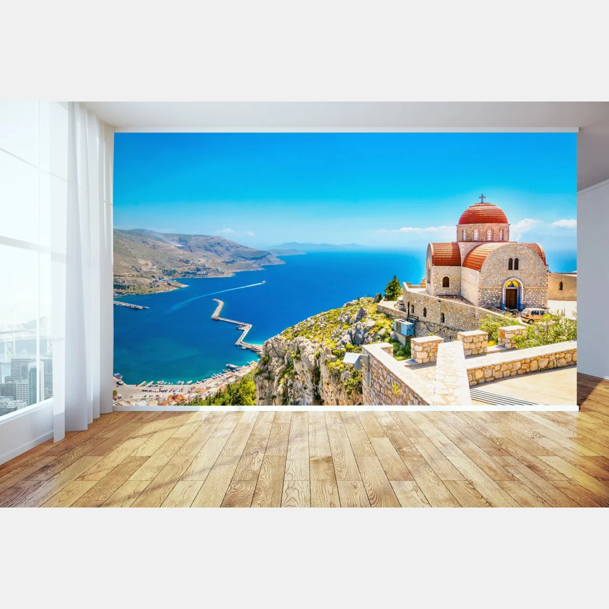 Fototapete griechische kirche auf klippe über dem meer – Wallnifity®