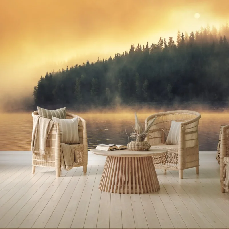 Fototapete nebeliger goldener sonnenaufgang über waldsee