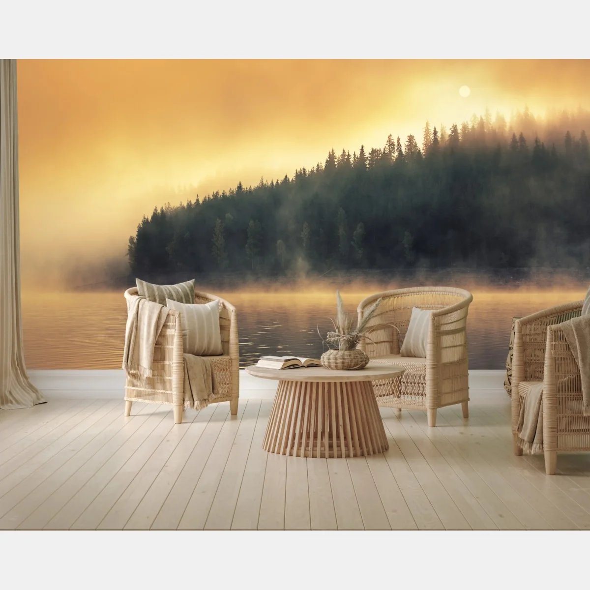 Fototapete nebeliger goldener sonnenaufgang über waldsee – Wallnifity®