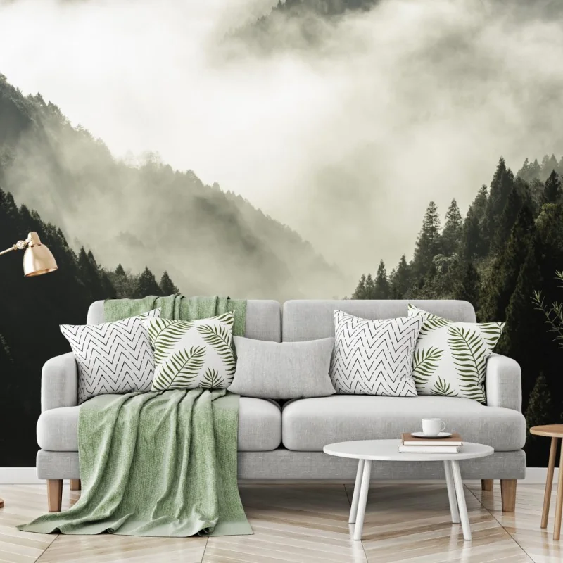 Fototapete nebliges bergtal im wald