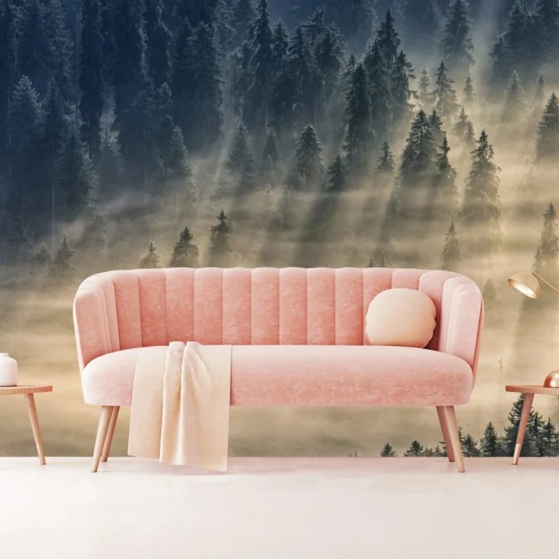 Fototapete nebliger fichtenwald im sonnenlicht – Wallnifity® Fototapete nebliger fichtenwald im sonnenlicht – Wallnifity®