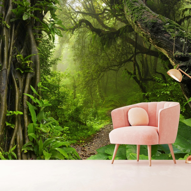 Fototapete üppiger nebliger waldpfad