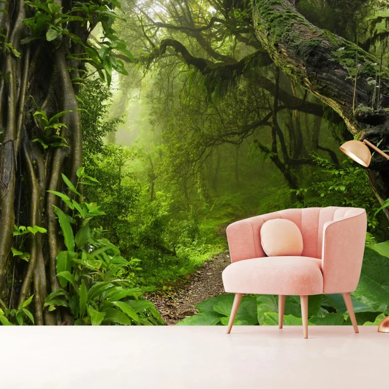 Fototapete üppiger nebliger waldpfad – Wallnifity®