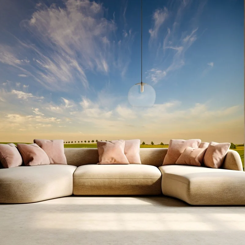 Fototapete grüne wiese mit einer reihe junger bäume