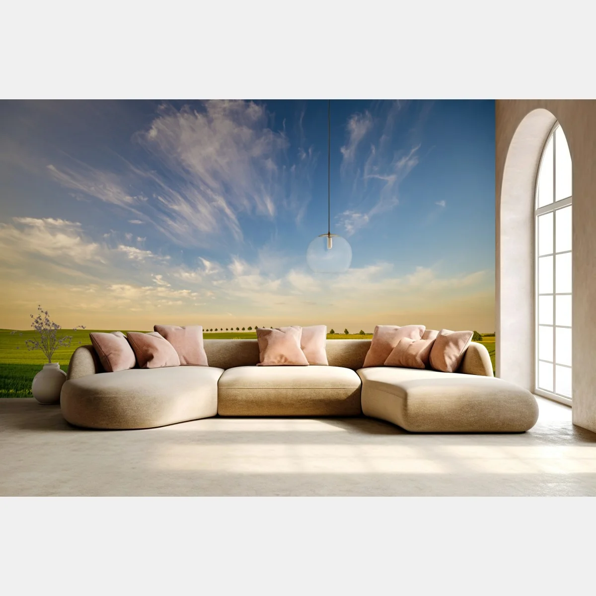 Fototapete grüne wiese mit einer reihe junger bäume – Wallnifity® Fototapete grüne wiese mit einer reihe junger bäume – Wallnifity®