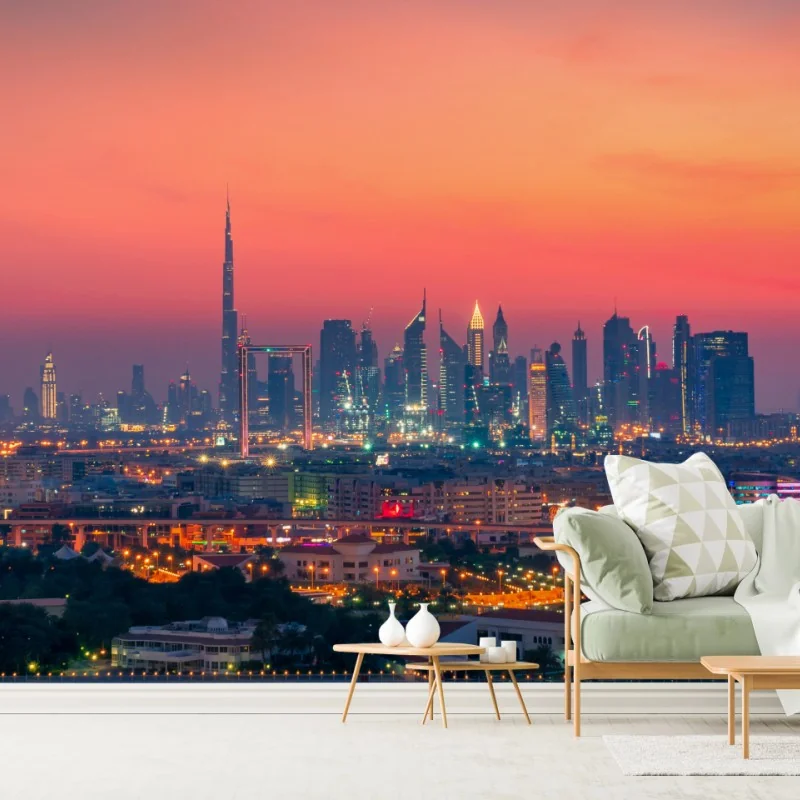 Fototapete Dubai skyline bei sonnenuntergang – Wallnifity® Fototapete Dubai skyline bei sonnenuntergang – Wallnifity®