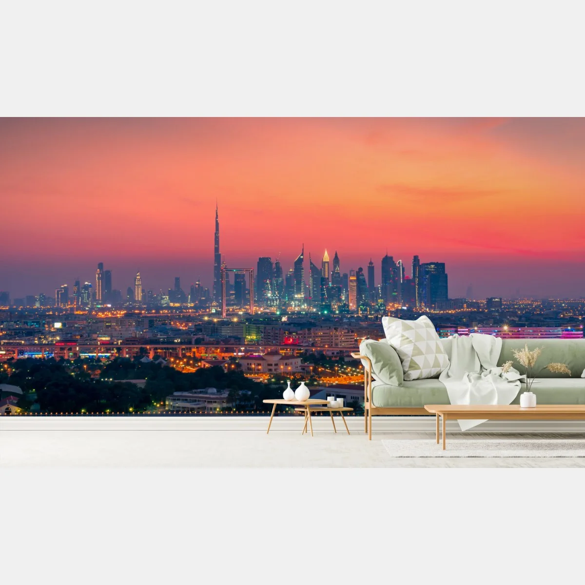 Fototapete Dubai skyline bei sonnenuntergang – Wallnifity® Fototapete Dubai skyline bei sonnenuntergang – Wallnifity®