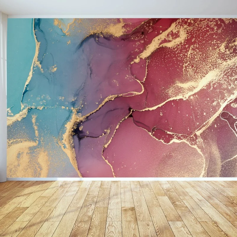 Fototapete abstraktes marmoriertes bild in türkis und lila mit gold