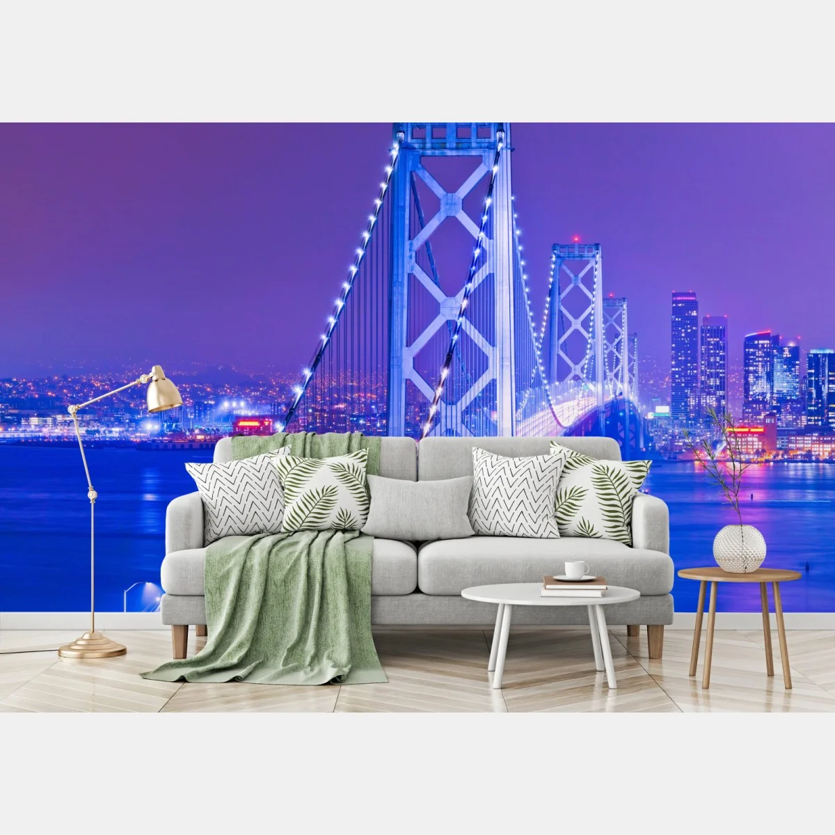 Fototapete beleuchtete hängebrücke und stadtsilhouette bei nacht – Wallnifity® Fototapete beleuchtete hängebrücke und stadtsilhouette bei nacht – Wallnifity®