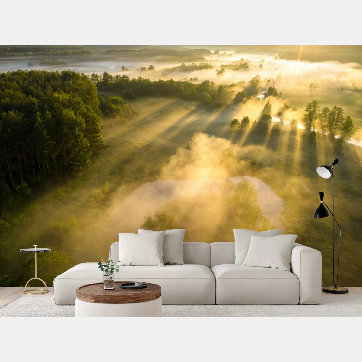 Fototapete goldener morgen über nebligem fluss – Wallnifity® Fototapete goldener morgen über nebligem fluss – Wallnifity®
