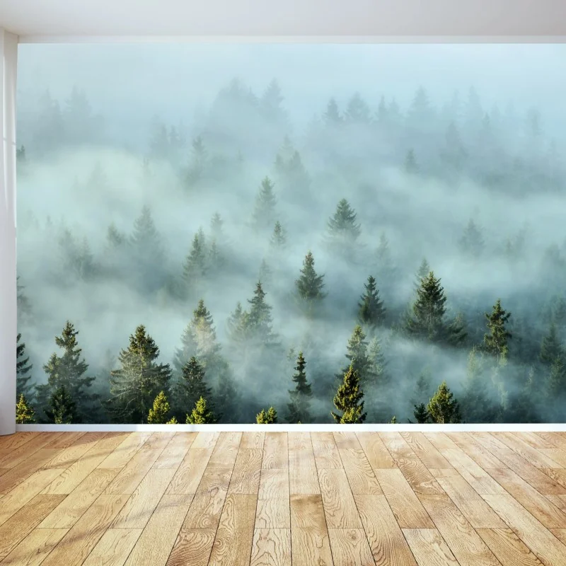 Fototapete nebliger fichtenwald am morgen