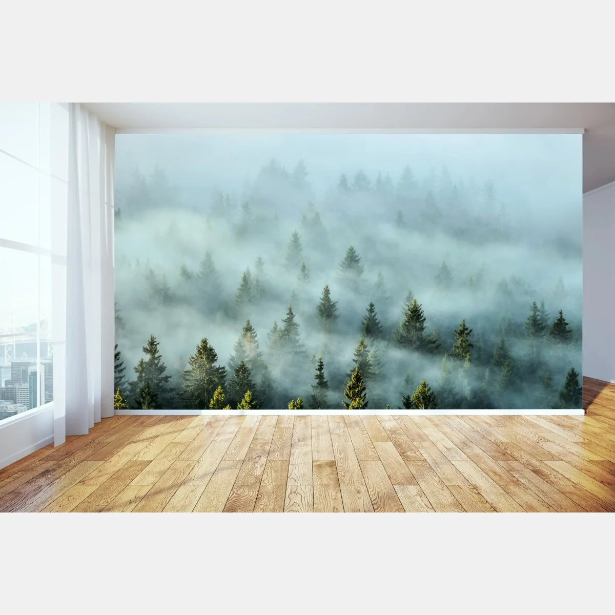 Fototapete nebliger fichtenwald am morgen – Wallnifity®