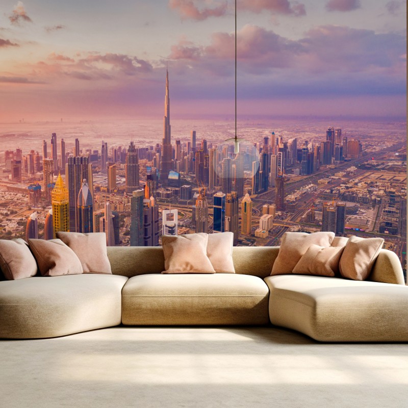 Fototapete sonnenuntergang über der skyline von Dubai mit Burj Khalifa – Wallnifity®