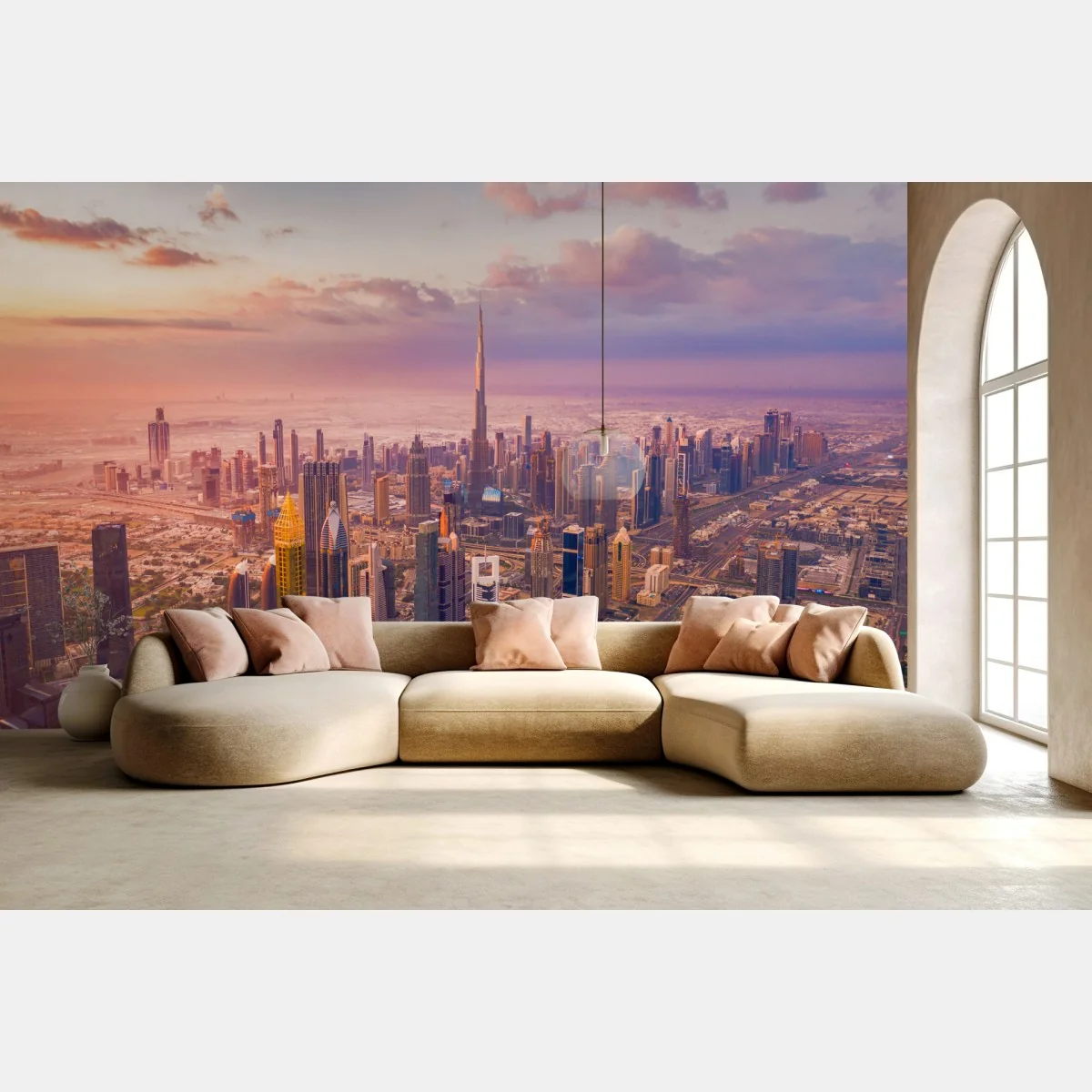 Fototapete sonnenuntergang über der skyline von Dubai mit Burj Khalifa – Wallnifity®