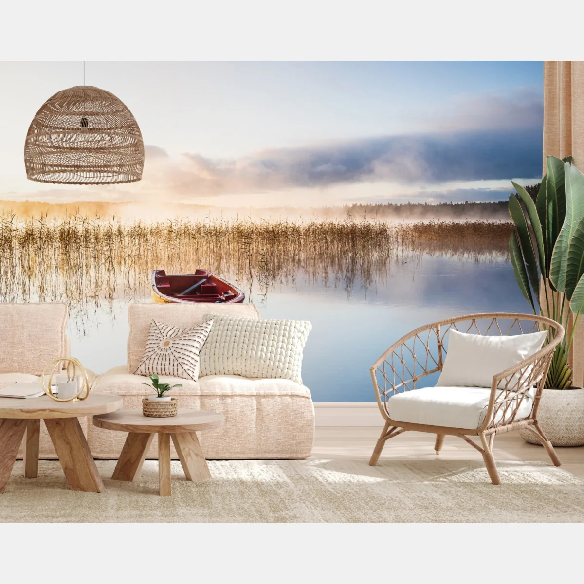 Fototapete nebliger morgen am see mit rotem boot – Wallnifity® Fototapete nebliger morgen am see mit rotem boot – Wallnifity®