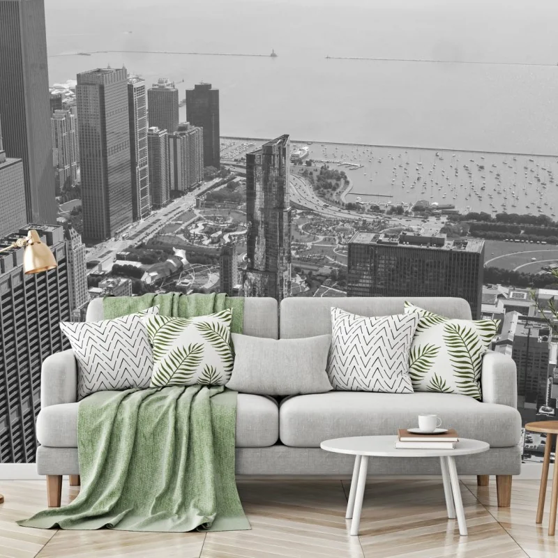 Fototapete schwarzweißes stadtpanorama am ufer – Wallnifity® Fototapete schwarzweißes stadtpanorama am ufer – Wallnifity®