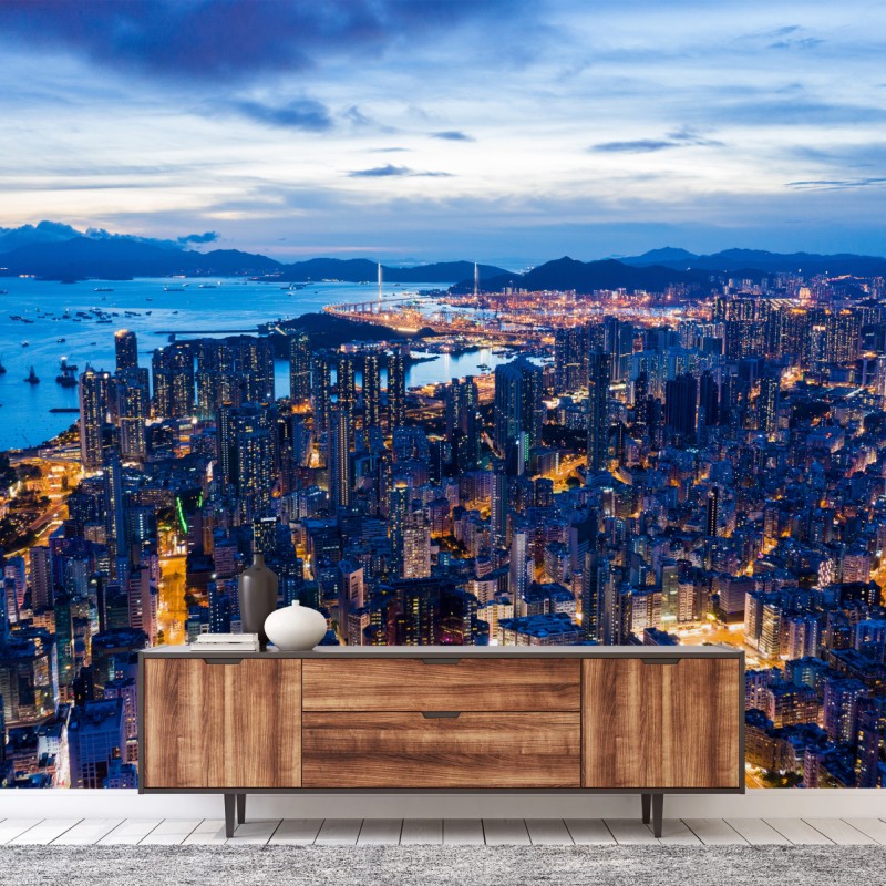 Fototapete Hongkong skyline über Mong Kok bei dämmerung