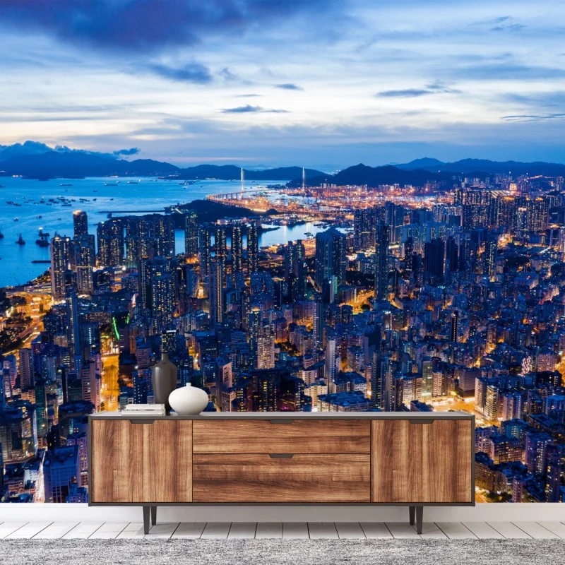 Fototapete Hongkong skyline über Mong Kok bei dämmerung