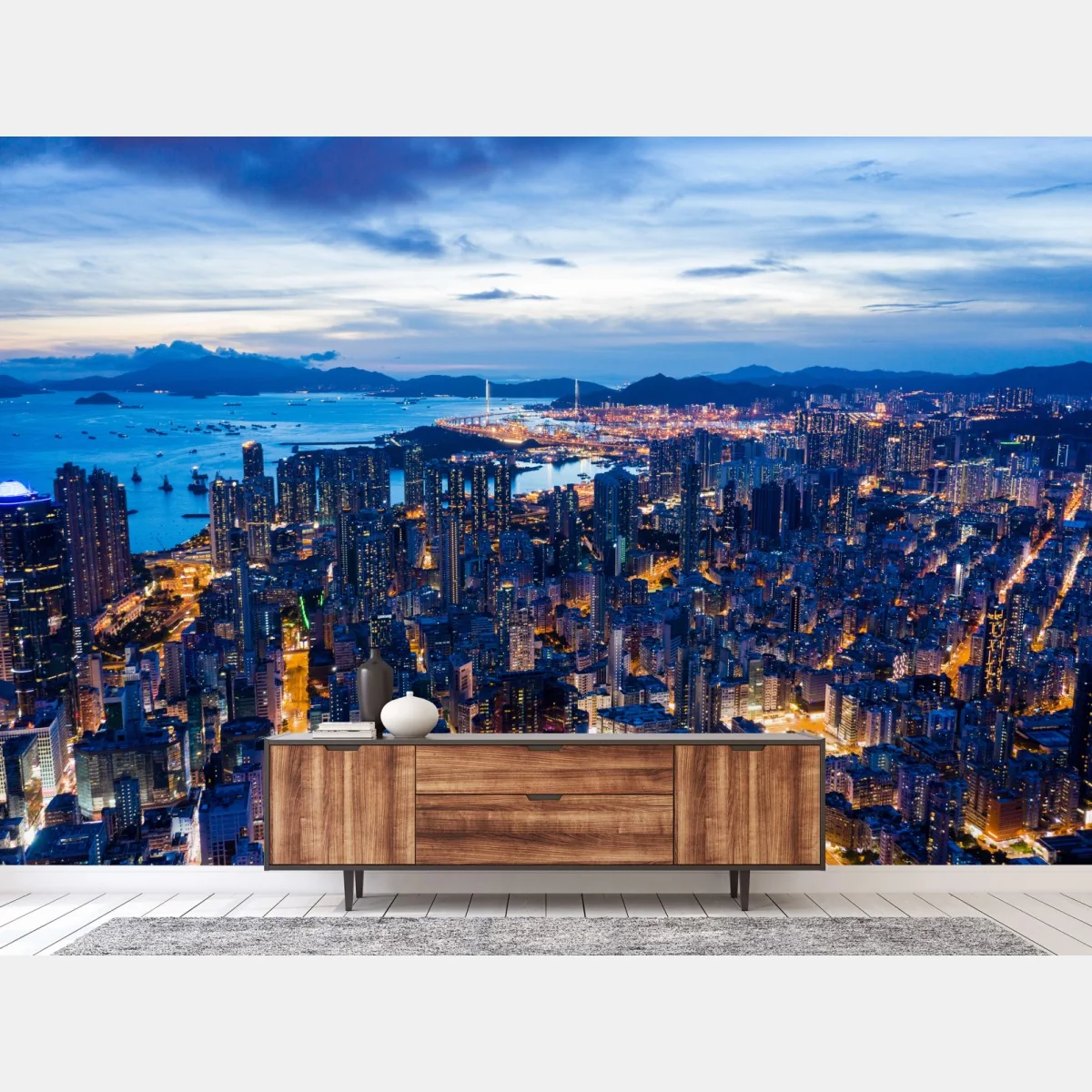 Fototapete Hongkong skyline über Mong Kok bei dämmerung – Wallnifity® Fototapete Hongkong skyline über Mong Kok bei dämmerung – Wallnifity®