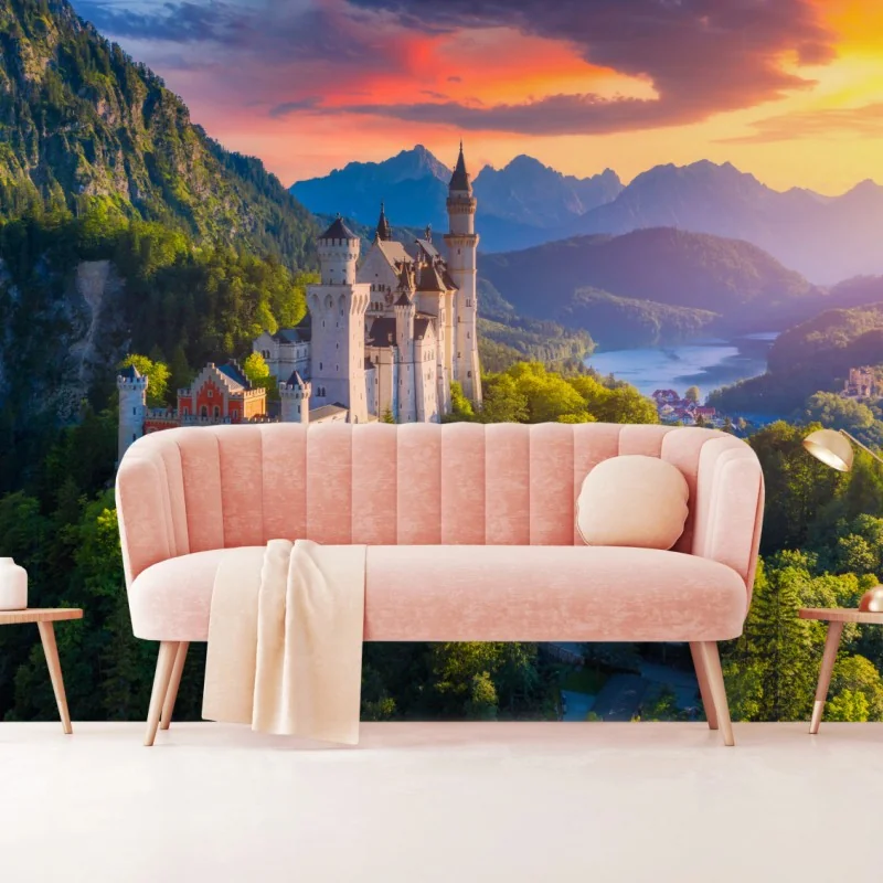 Fototapete schloss Neuschwanstein bei sonnenuntergang