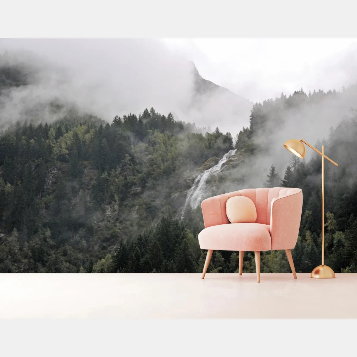 Fototapete nebliger wasserfall im bergwald – Wallnifity® Fototapete nebliger wasserfall im bergwald – Wallnifity®