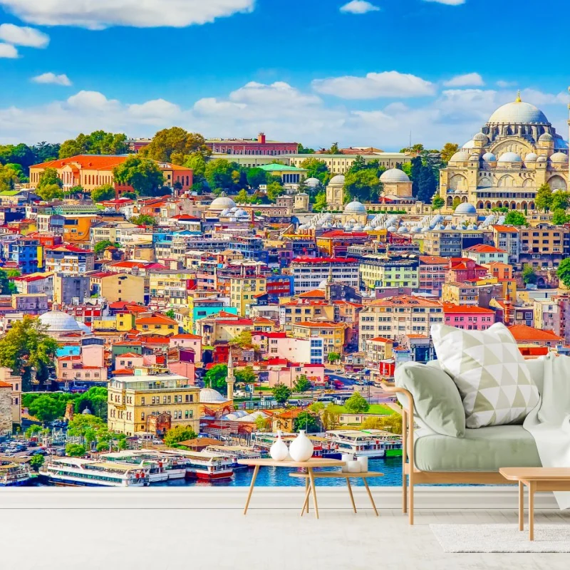 Fototapete lebendige Skyline von Istanbul über dem Bosporus – Wallnifity® Fototapete lebendige Skyline von Istanbul über dem Bosporus – Wallnifity®