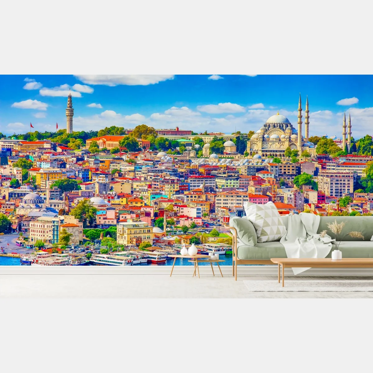 Fototapete lebendige Skyline von Istanbul über dem Bosporus – Wallnifity® Fototapete lebendige Skyline von Istanbul über dem Bosporus – Wallnifity®