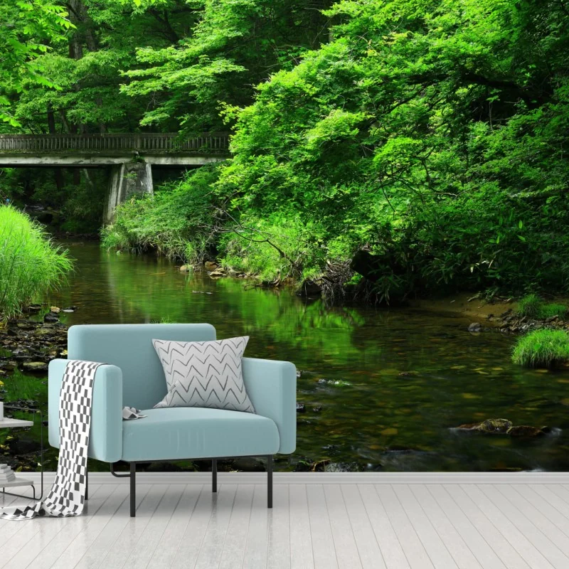 Fototapete üppiger grüner waldbach mit steinbrücke – Wallnifity® Fototapete üppiger grüner waldbach mit steinbrücke – Wallnifity®