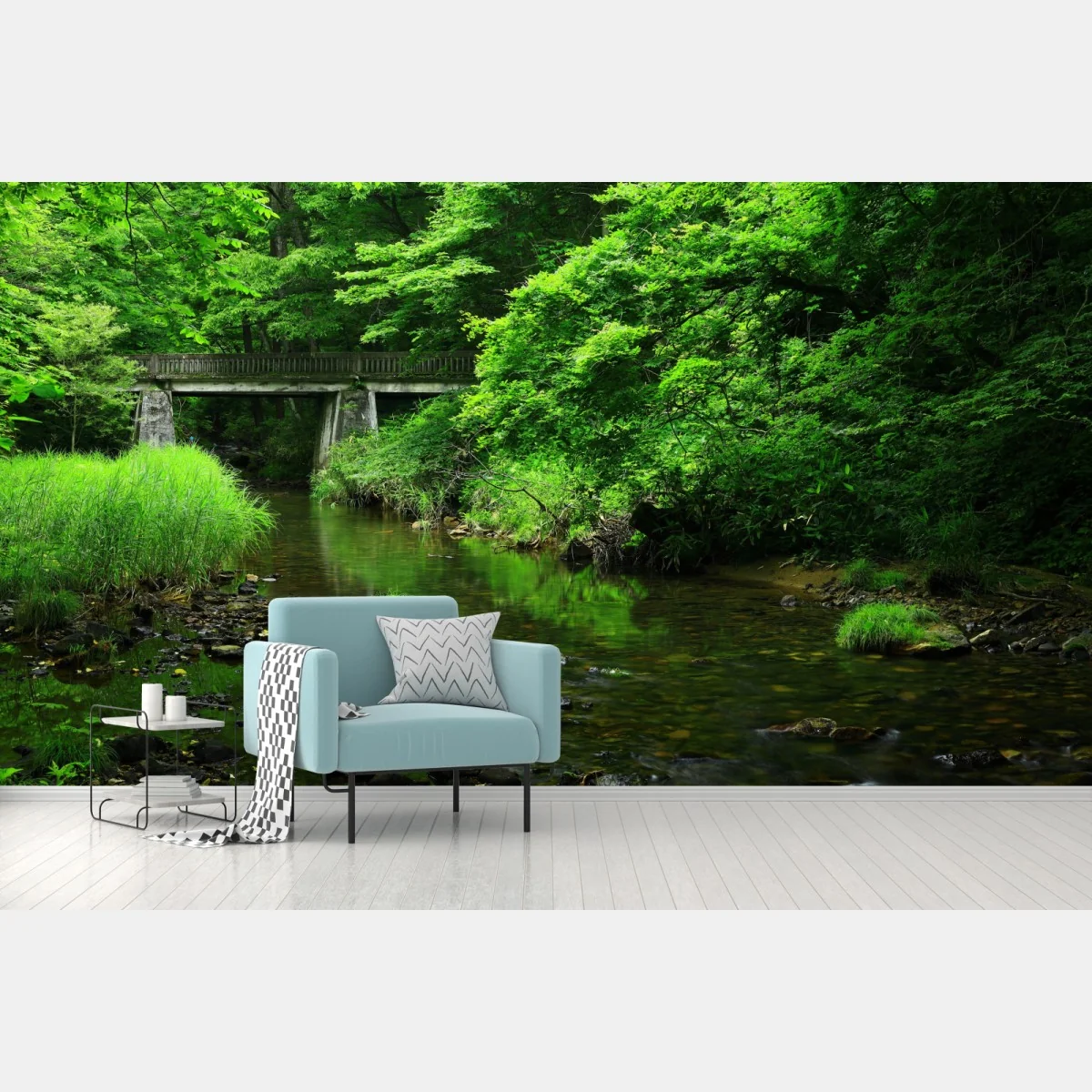 Fototapete üppiger grüner waldbach mit steinbrücke – Wallnifity® Fototapete üppiger grüner waldbach mit steinbrücke – Wallnifity®