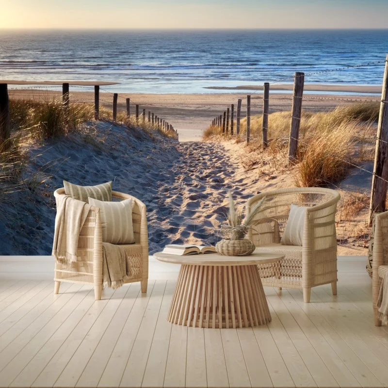 Fototapete weg zum strand der Nordsee im goldenen sonnenuntergang