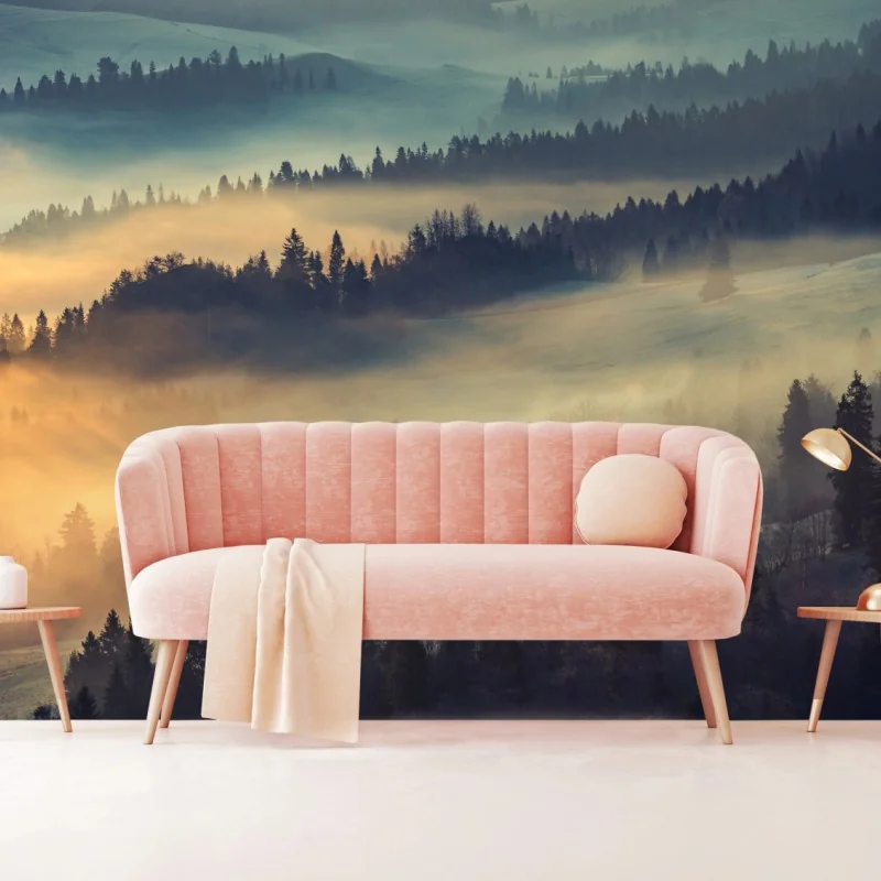 Fototapete nebliger bergwald im sonnenaufgang