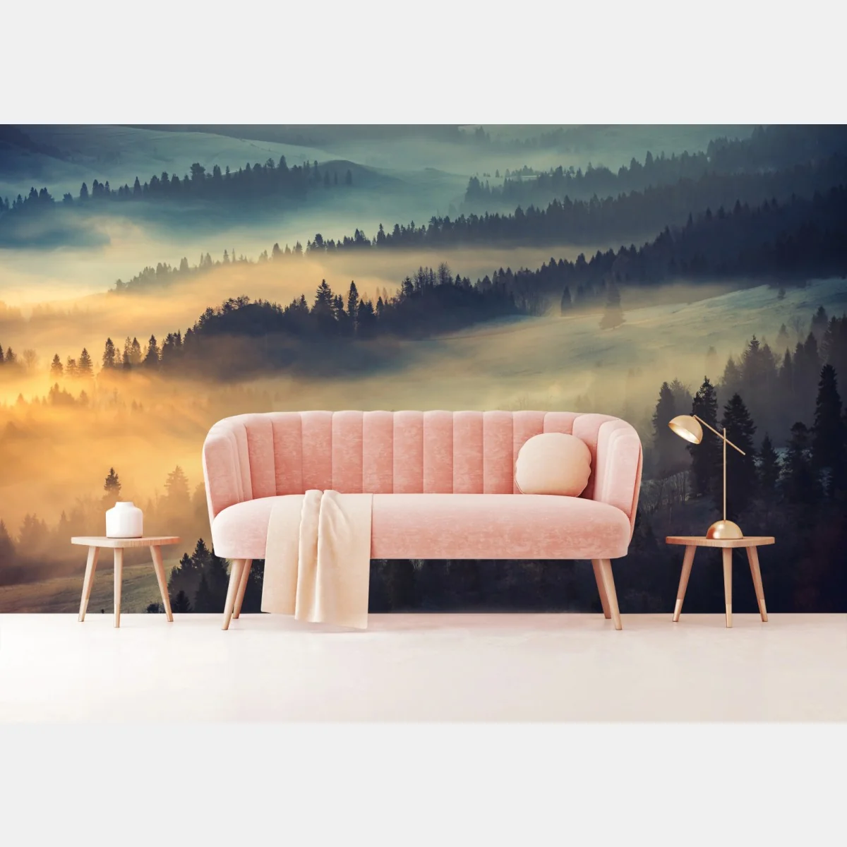 Fototapete nebliger bergwald im sonnenaufgang – Wallnifity® Fototapete nebliger bergwald im sonnenaufgang – Wallnifity®