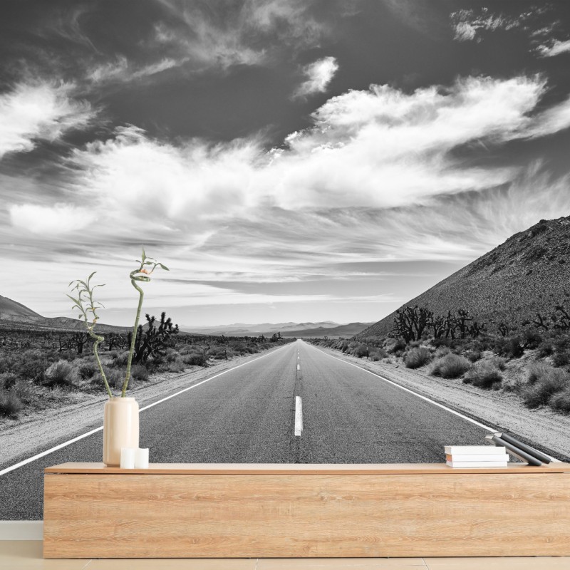 Fototapete Death Valley offene Straße in schwarzweiß