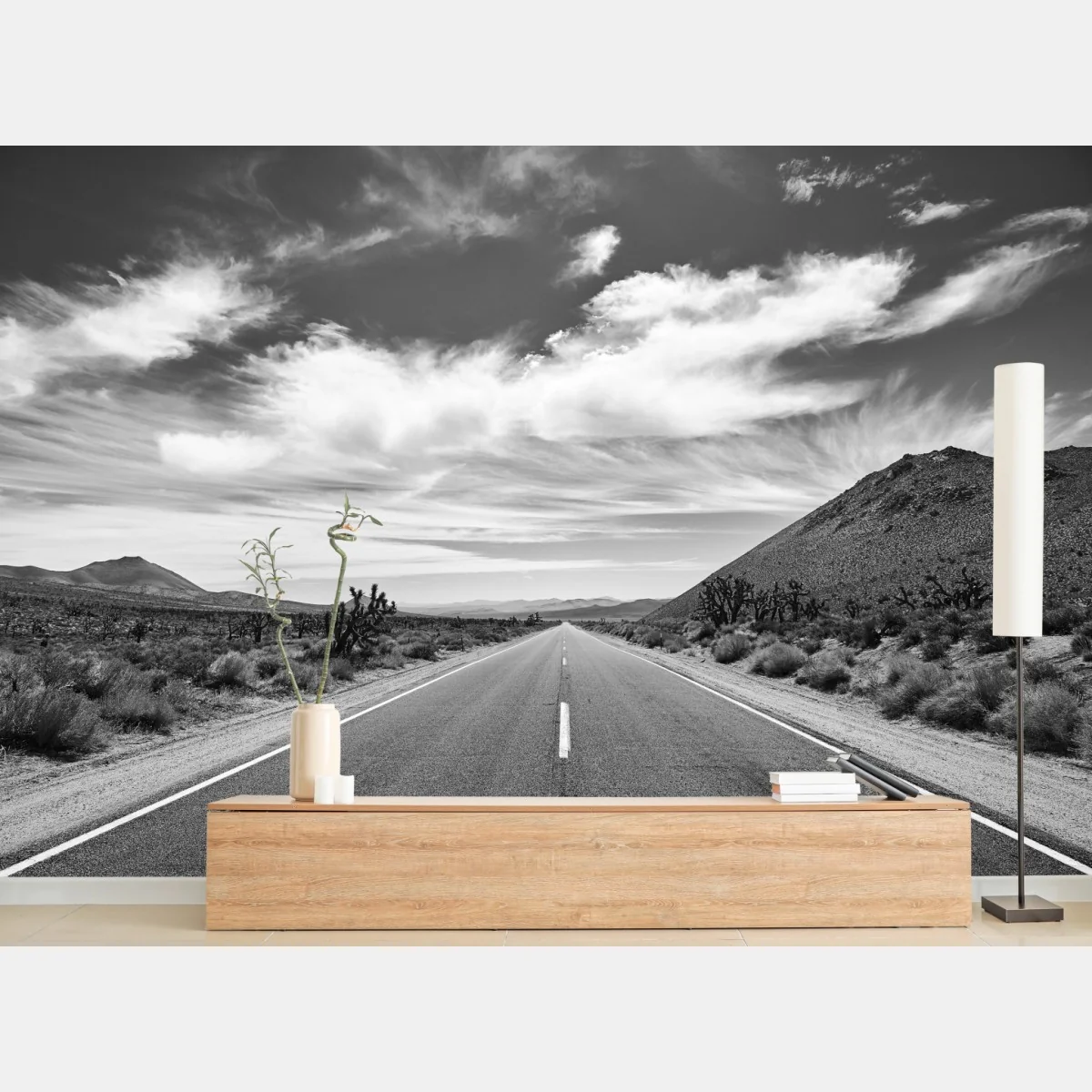 Fototapete Death Valley offene Straße in schwarzweiß – Wallnifity®