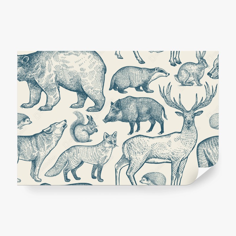Fototapete vintage waldtiere muster