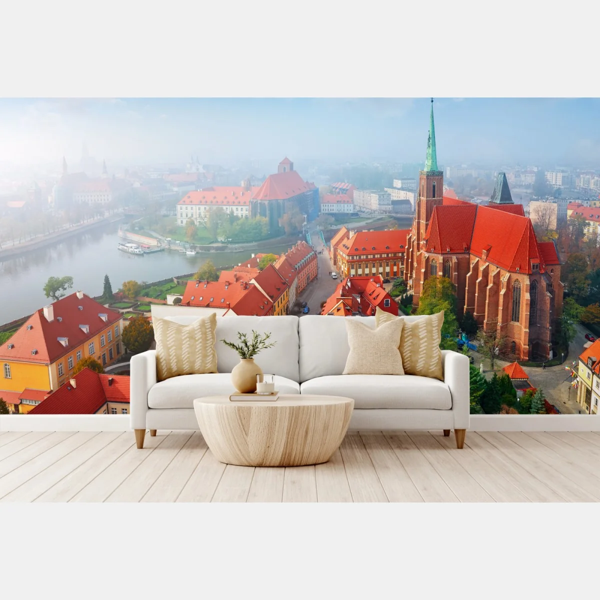 Fototapete neblige europäische stadtszene mit roten dächern – Wallnifity® Fototapete neblige europäische stadtszene mit roten dächern – Wallnifity®