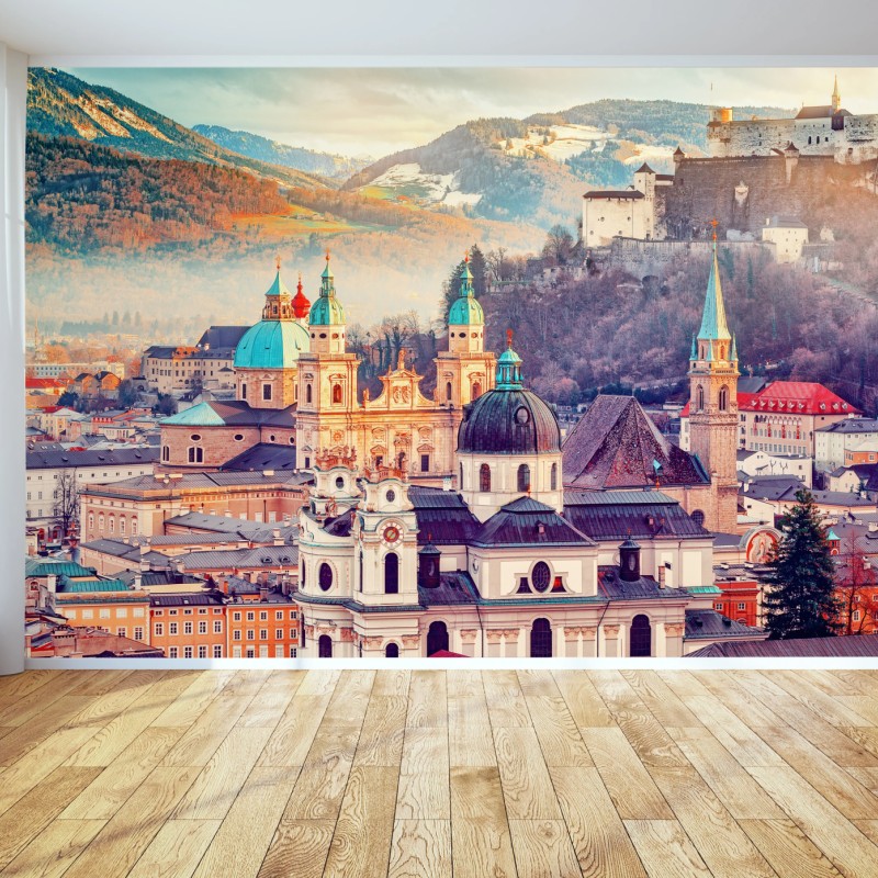 Fototapete sonnenuntergang über Salzburgs skyline