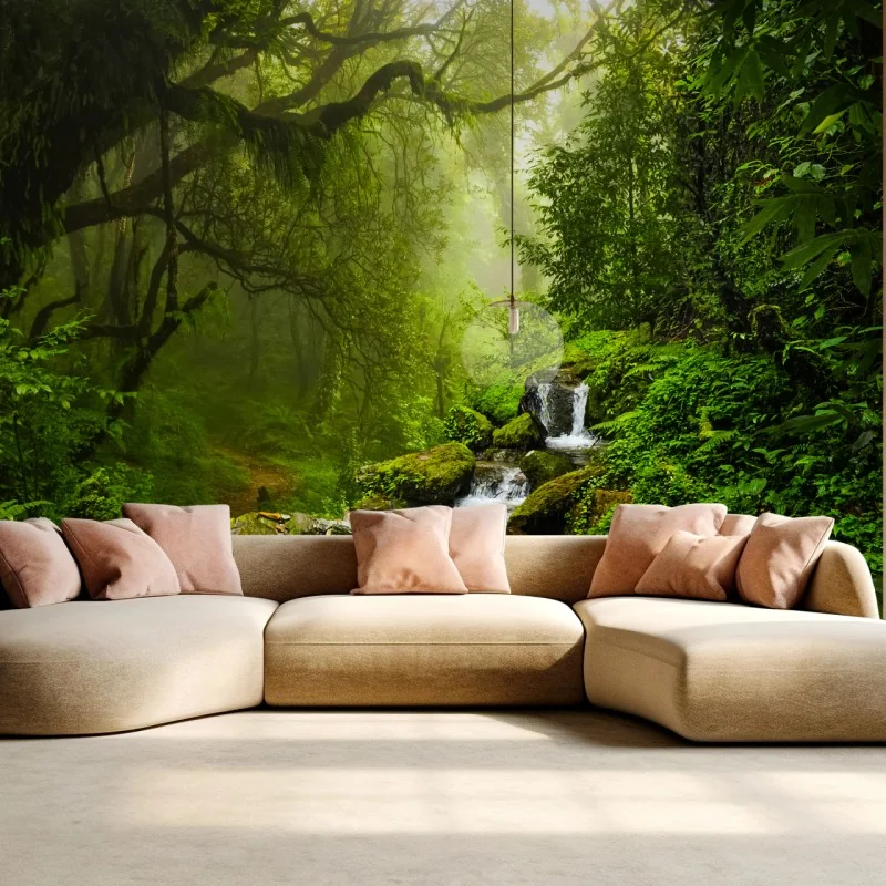 Fototapete üppiger nebliger waldwasserfall