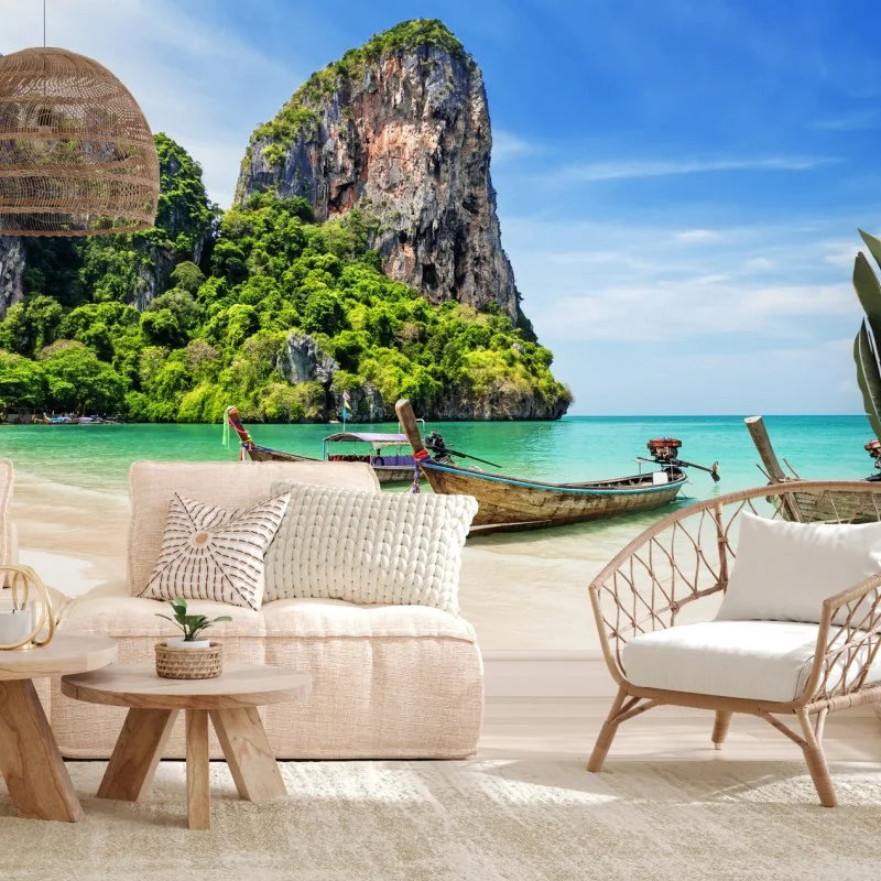 Fototapete ruhige longtail-boote am strand von Railay, Thailand – Wallnifity® Fototapete ruhige longtail-boote am strand von Railay, Thailand – Wallnifity®