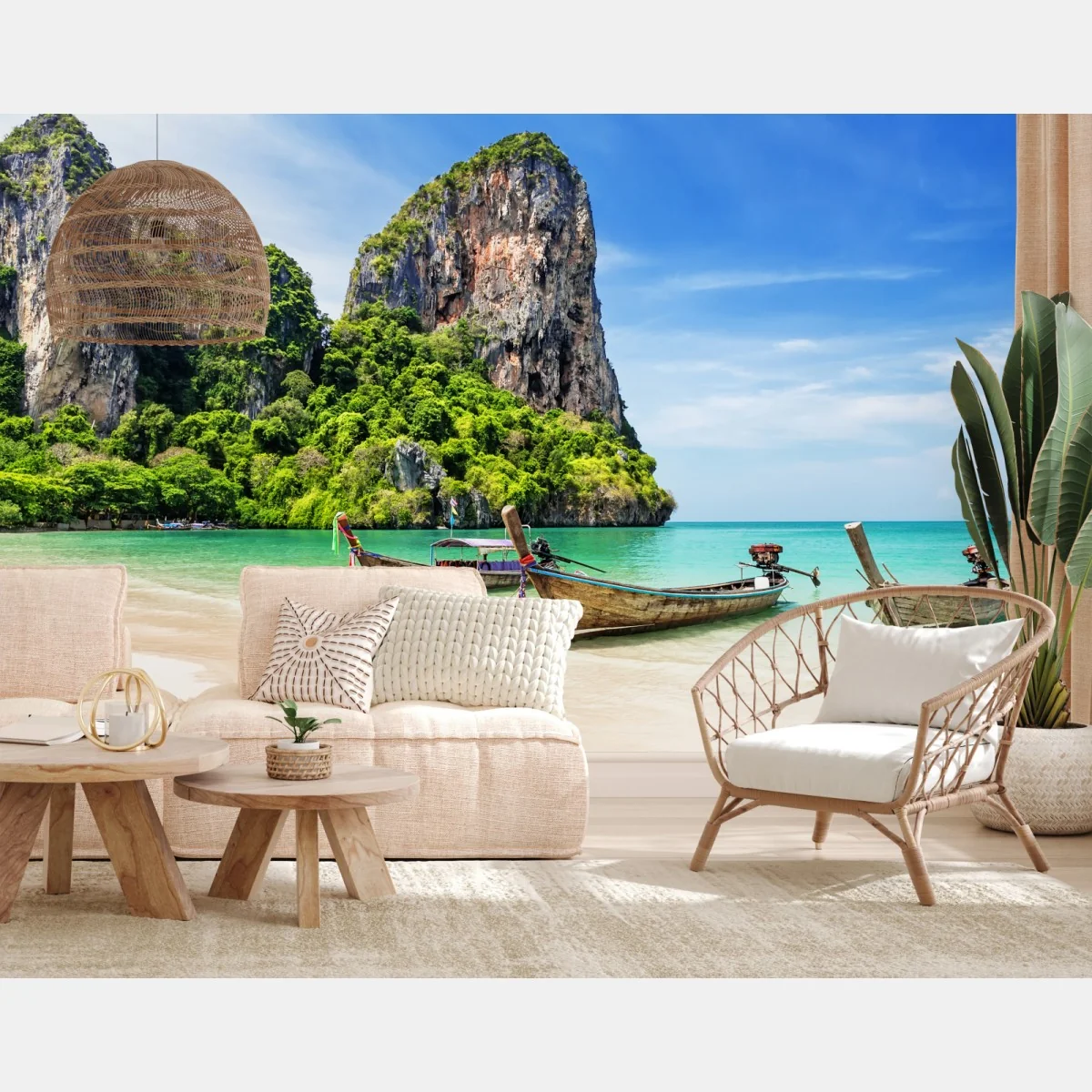 Fototapete ruhige longtail-boote am strand von Railay, Thailand – Wallnifity® Fototapete ruhige longtail-boote am strand von Railay, Thailand – Wallnifity®