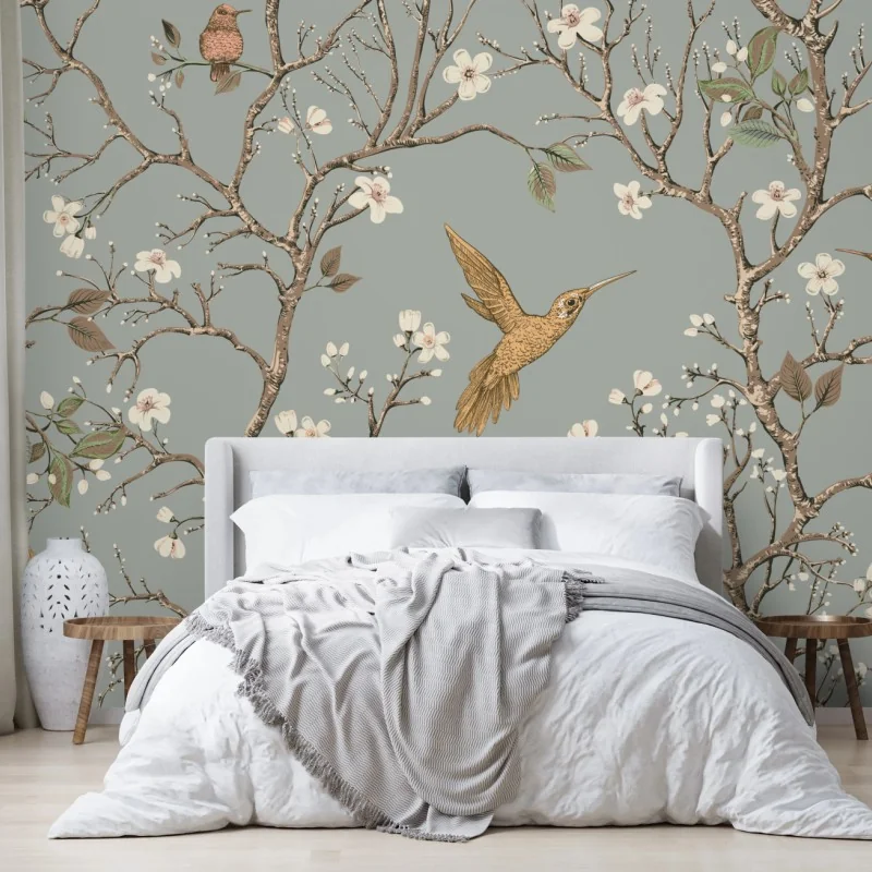 Fototapete vintage-muster mit kolibris und blüten