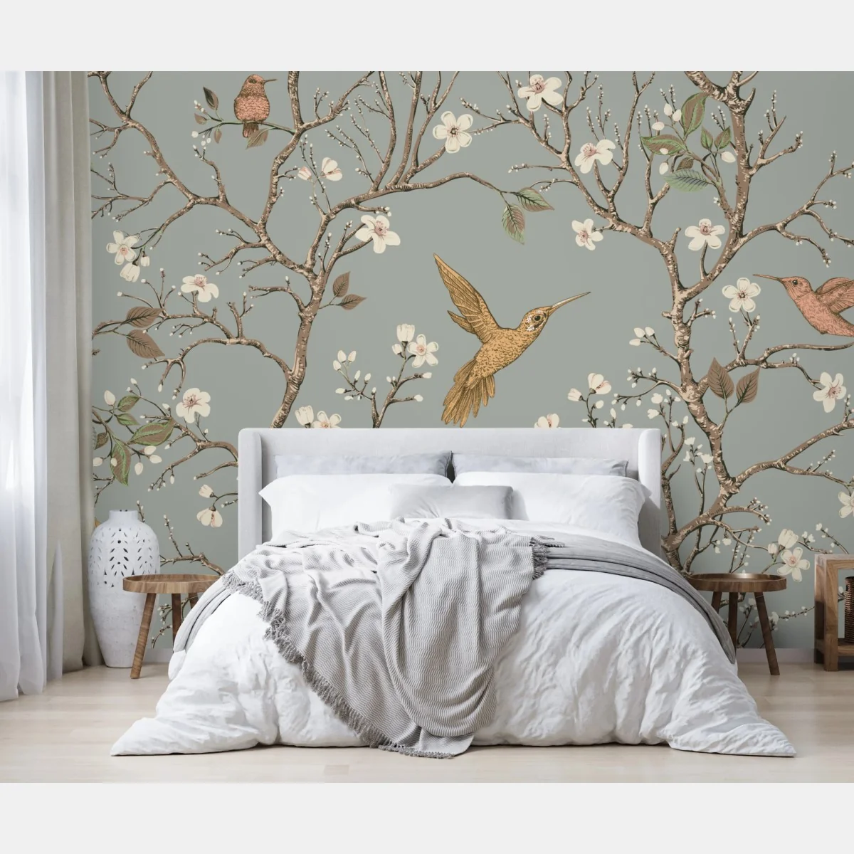 Fototapete vintage-muster mit kolibris und blüten – Wallnifity® Fototapete vintage-muster mit kolibris und blüten – Wallnifity®