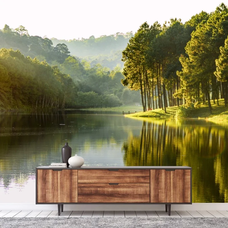 Fototapete ruhiger kiefernwald am stillen see – Wallnifity® Fototapete ruhiger kiefernwald am stillen see – Wallnifity®