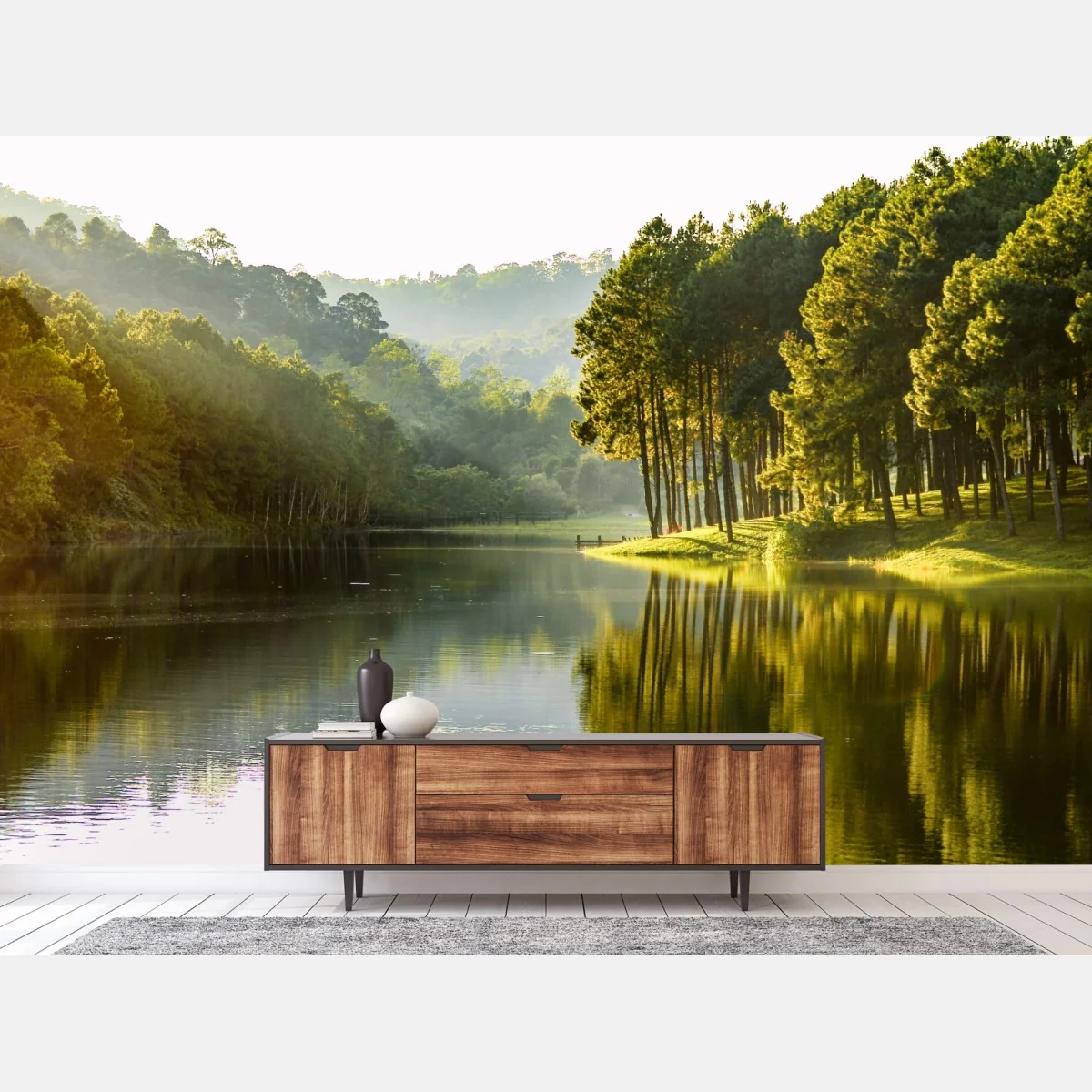 Fototapete ruhiger kiefernwald am stillen see – Wallnifity® Fototapete ruhiger kiefernwald am stillen see – Wallnifity®