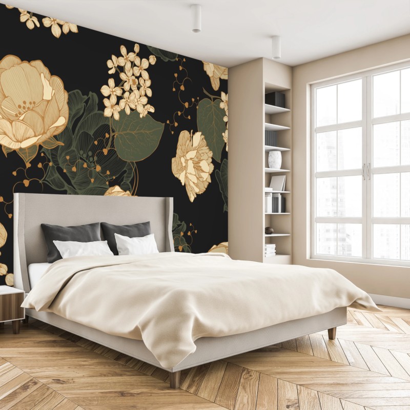 Fototapete goldene pfingstrosen vor dunklem botanischem hintergrund