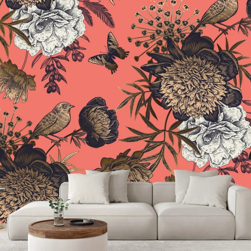 Fototapete vintage blumenmuster mit vögeln auf korallenhintergrund – Wallnifity®