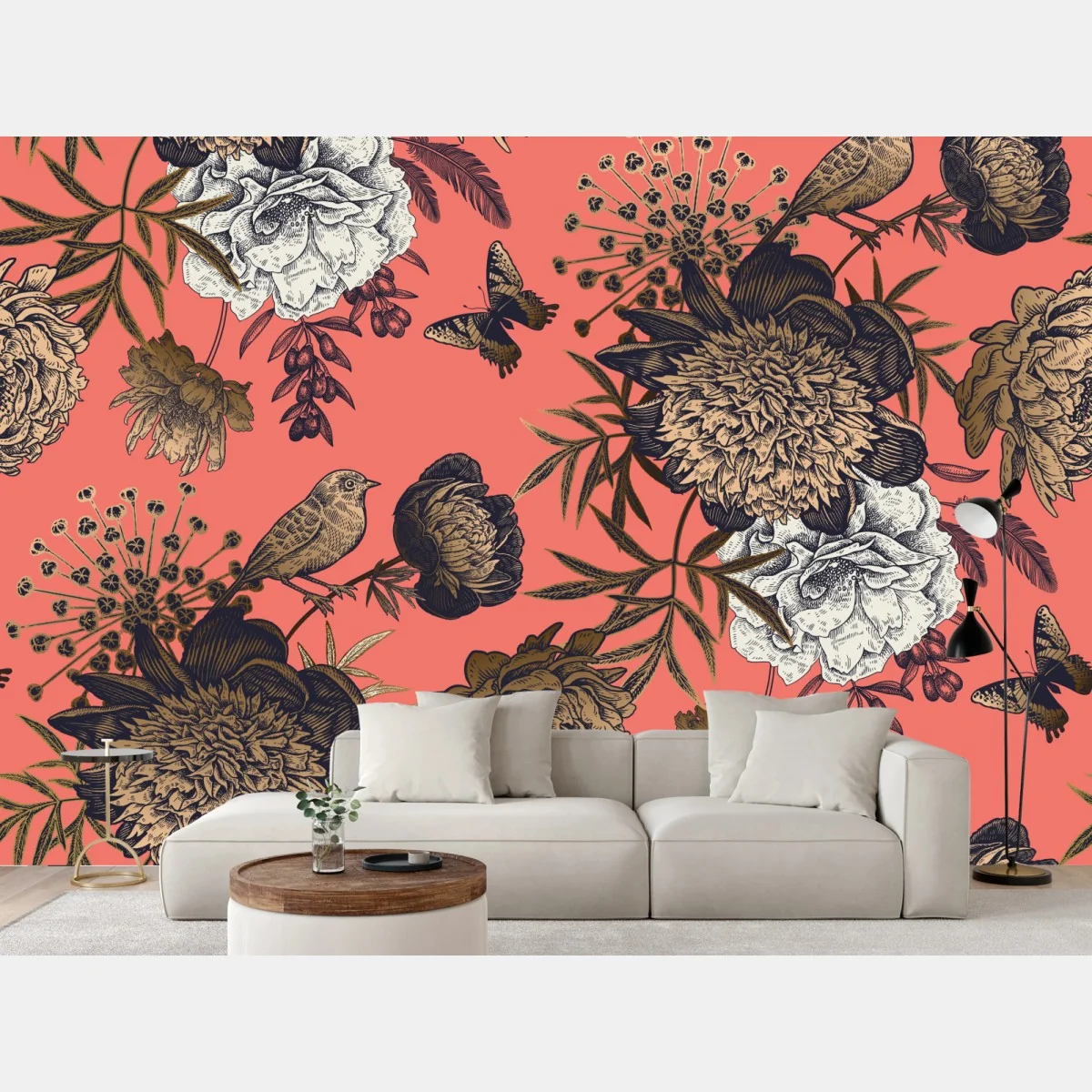 Fototapete vintage blumenmuster mit vögeln auf korallenhintergrund – Wallnifity®