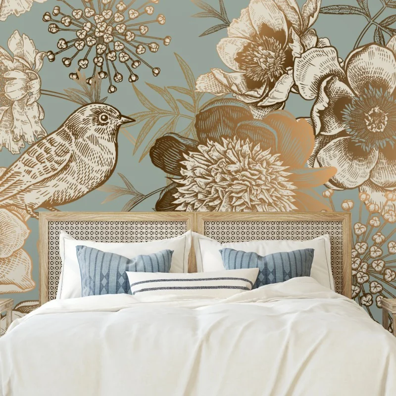 Fototapete vintage botanisches blumenmotiv mit vogel