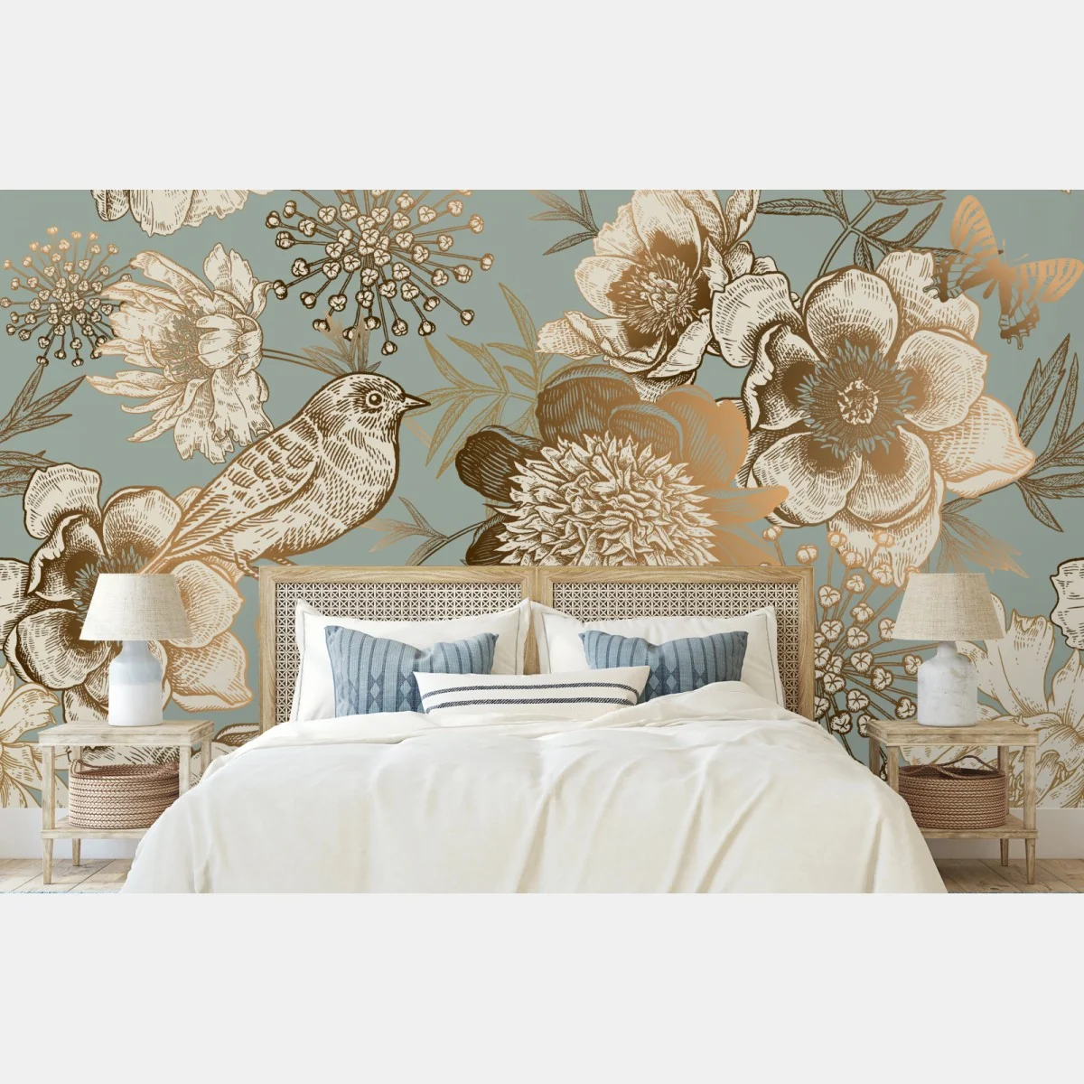 Fototapete vintage botanisches blumenmotiv mit vogel – Wallnifity® Fototapete vintage botanisches blumenmotiv mit vogel – Wallnifity®