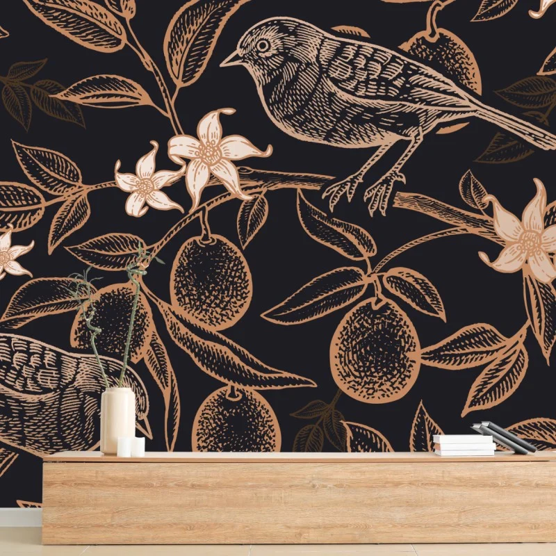 Fototapete vintage vogel- und zitrusmuster